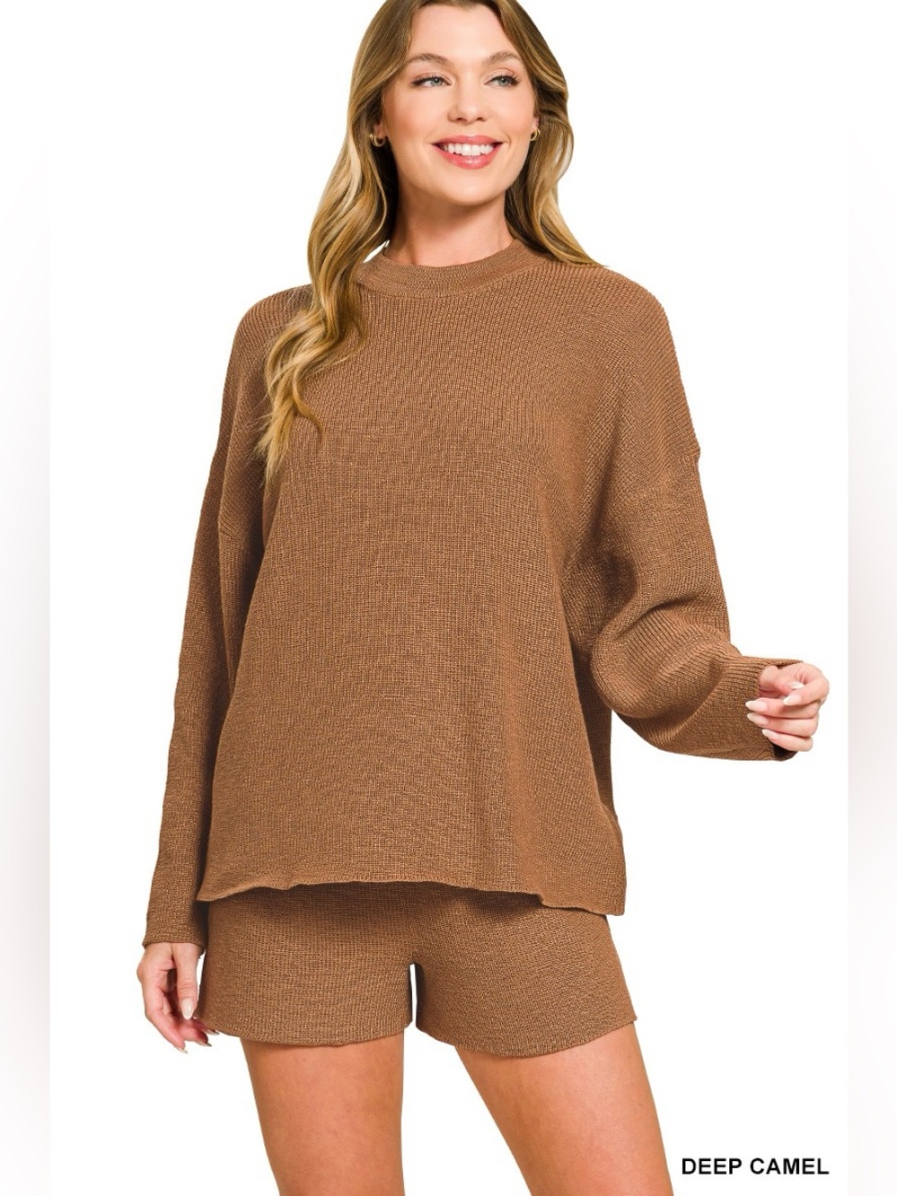 Zenana Round Neck Knit Top and Shorts Sweater Set
